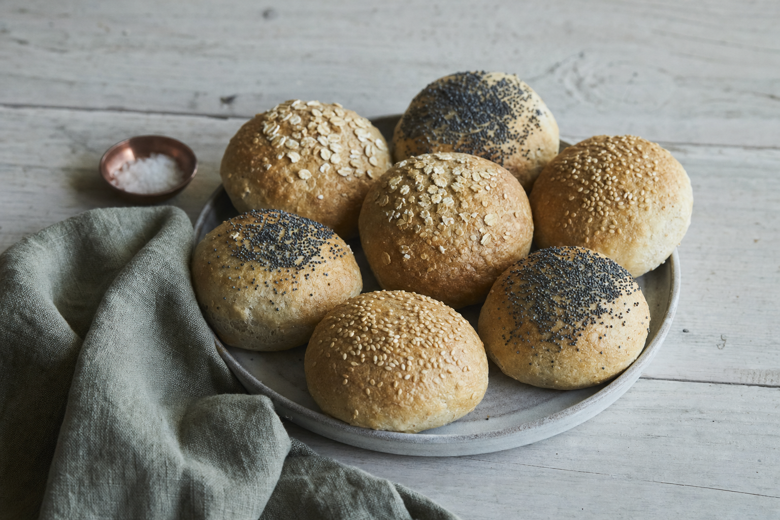 Rundstykker — Nordische Brötchen mit lockerer Krume, nach Wunsch mit Haferflocken, Mohn oder Sesam