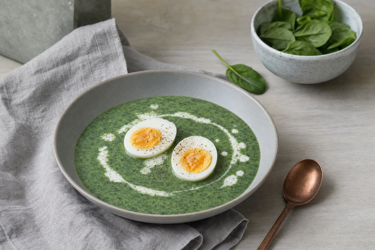 Spinatsuppe — Samtige Spinatsuppe mit Muskat, Sahne und halbierten Eiern